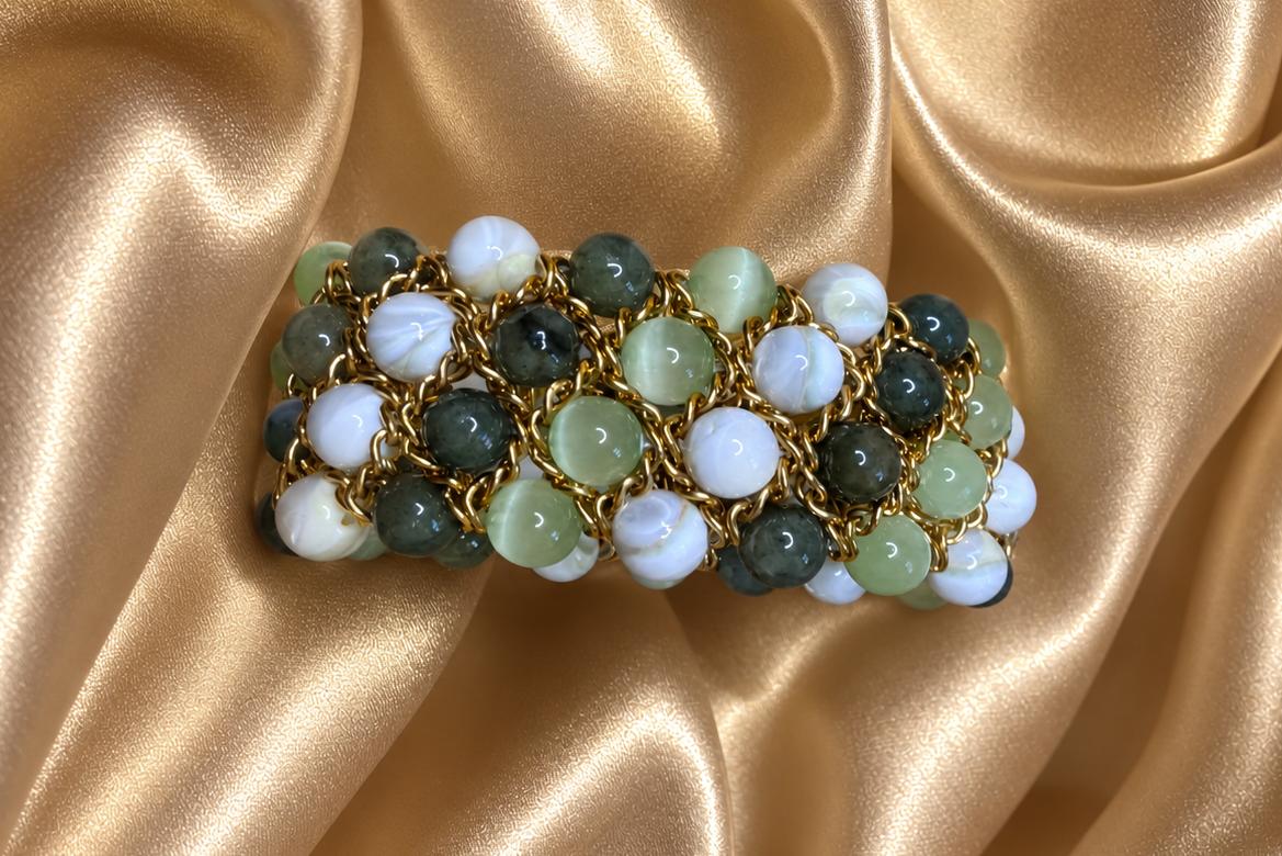 Bracelet Aura - Nacre veinée, Sélénite verte et Jade