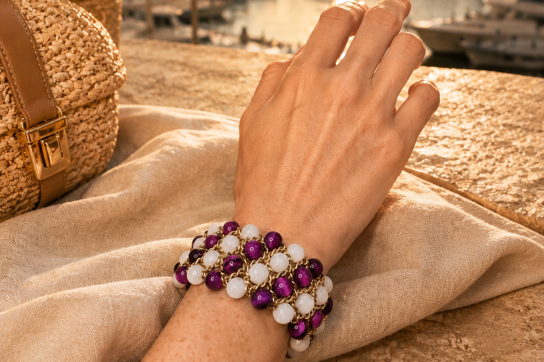 Bracelet Aura - Pierre de lune et Oeil de tigre violet
