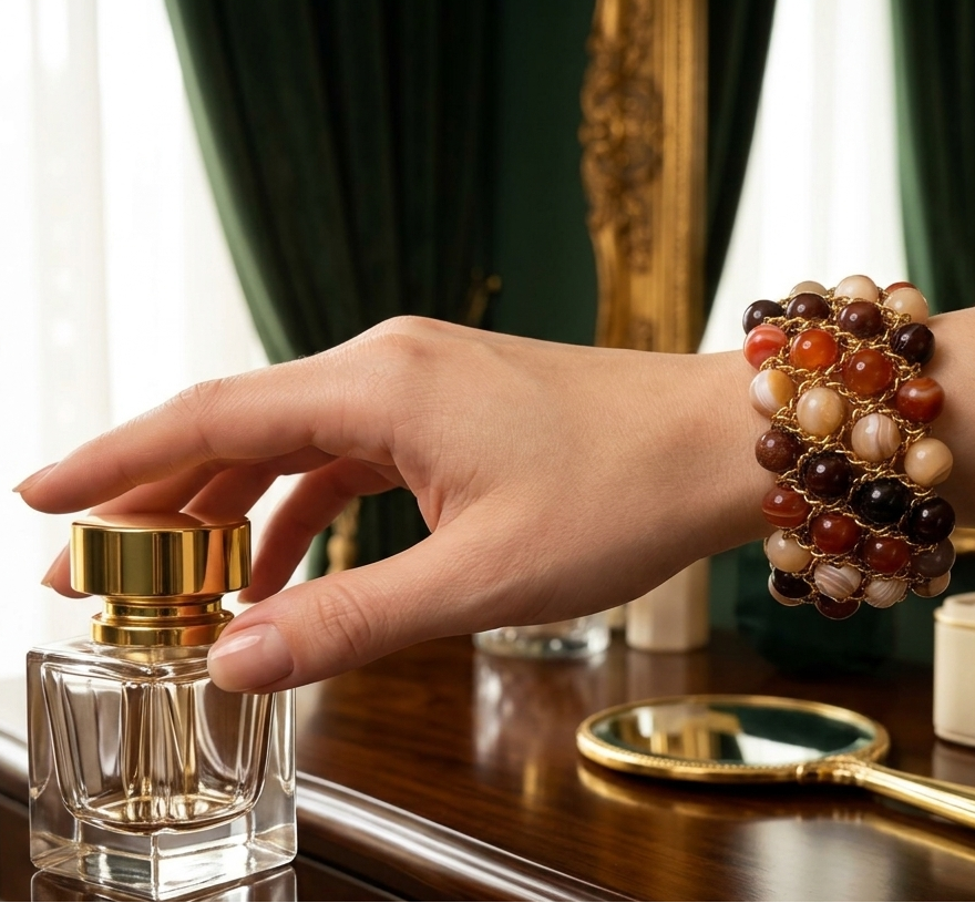 Bracelet Aura - Agate orange, Nacre dorée, Oeil de taureau