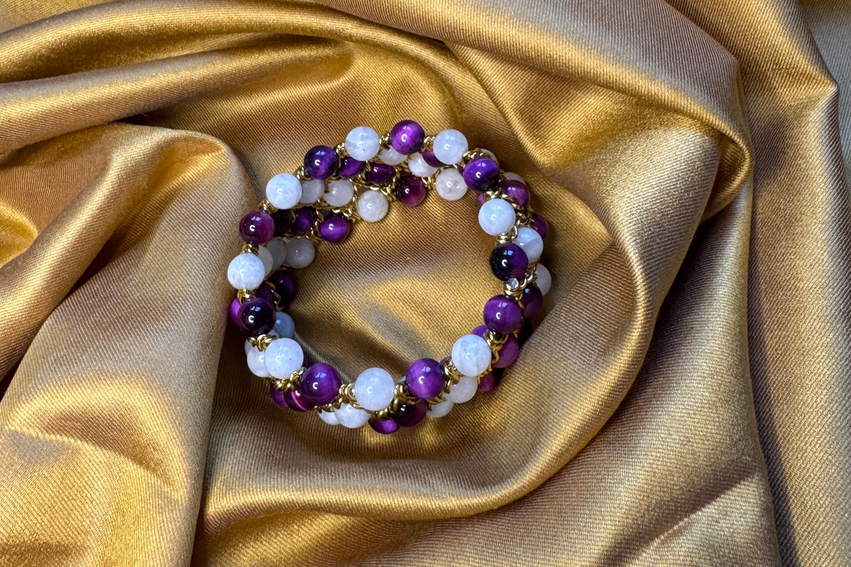 Bracelet Aura - Pierre de lune et Oeil de tigre violet