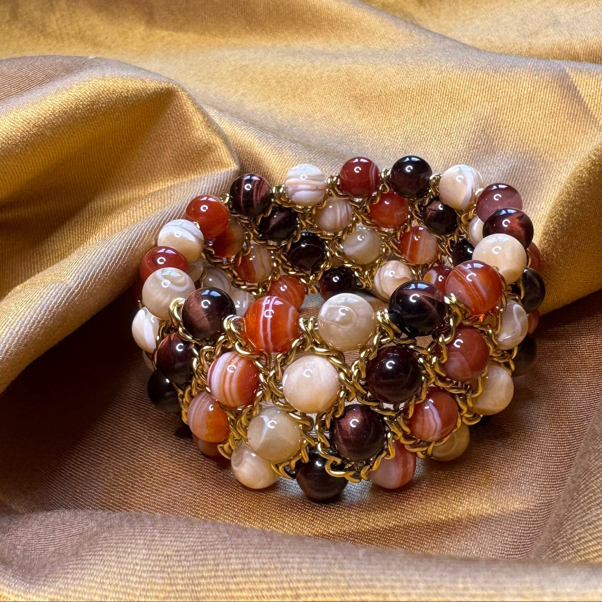 Bracelet Aura - Agate orange, Nacre dorée, Oeil de taureau