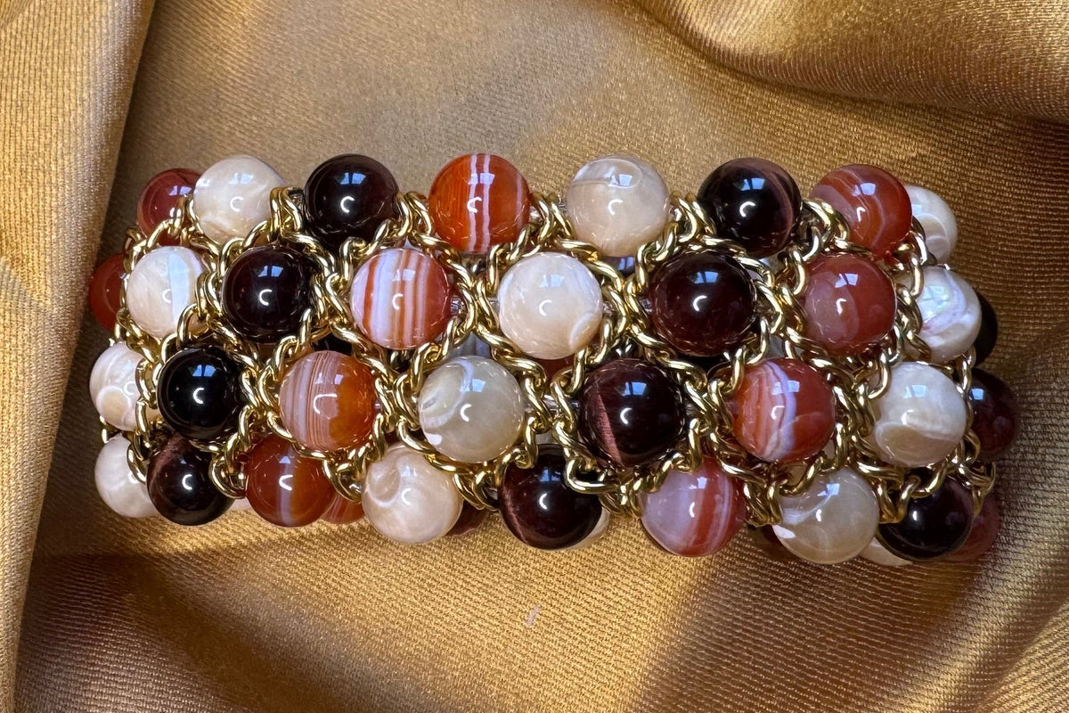 Bracelet Aura - Agate orange, Nacre dorée, Oeil de taureau